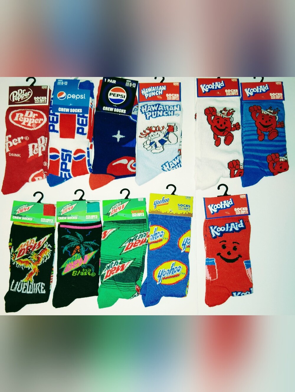 Novelty Crew Socks Pepsi Dr.Pepper Mtn.Dew Kool Aid Yahoo You Pick Unisex NWT